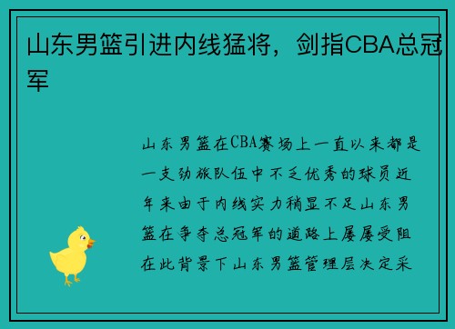 山东男篮引进内线猛将，剑指CBA总冠军