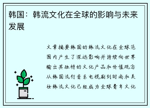 韩国：韩流文化在全球的影响与未来发展