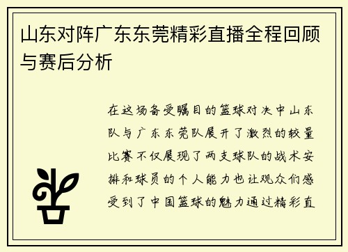 山东对阵广东东莞精彩直播全程回顾与赛后分析